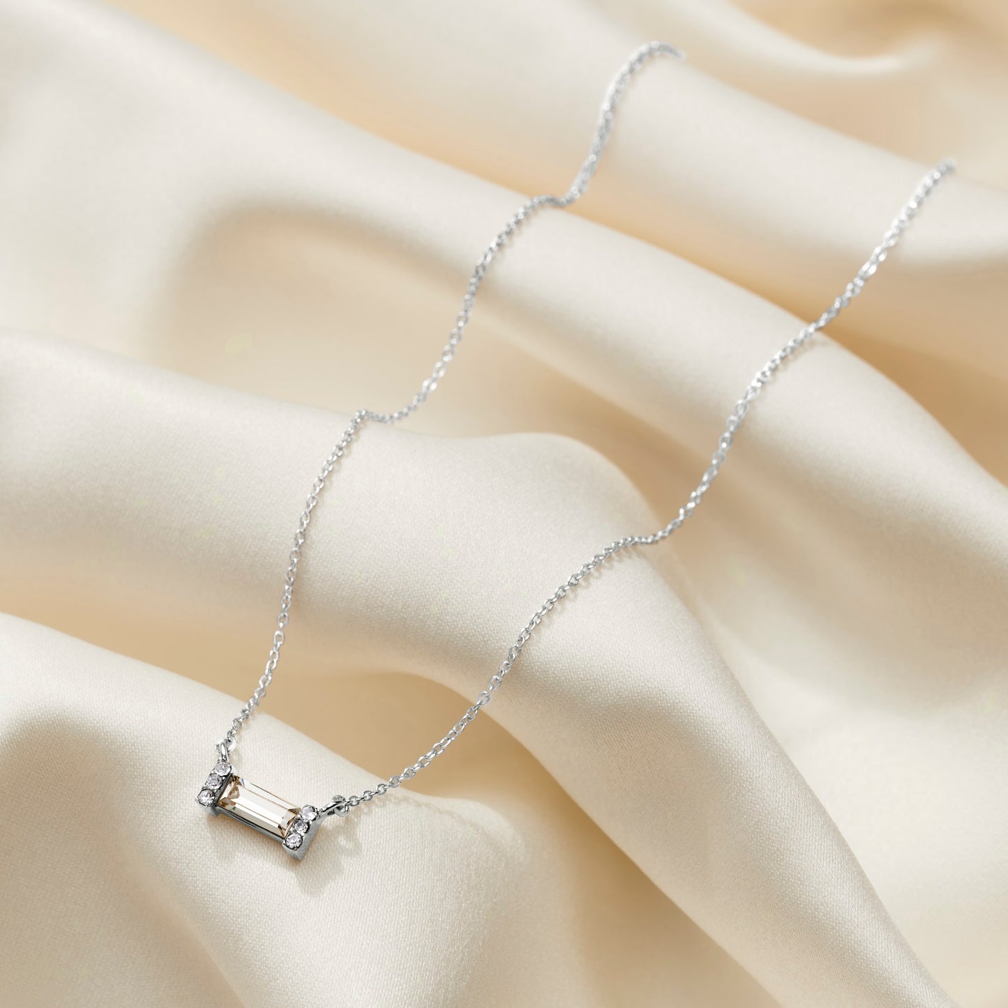 April Rock Crystal Birthstone Baguette Necklace in Sterling Silver