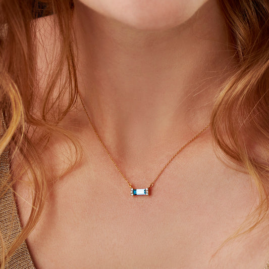 March Aquamarine Birthstone Baguette Necklace in Gold Vermeil