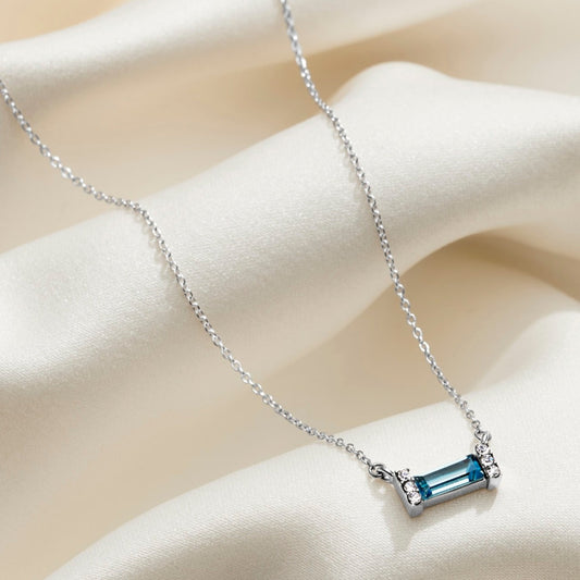 March Aquamarine Birthstone Baguette Necklace in Sterling Silver