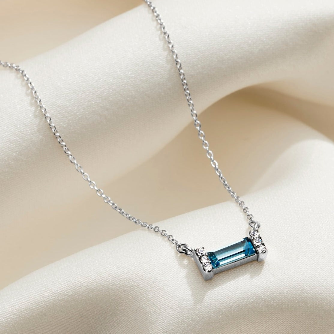 March Aquamarine Birthstone Baguette Necklace in Sterling Silver