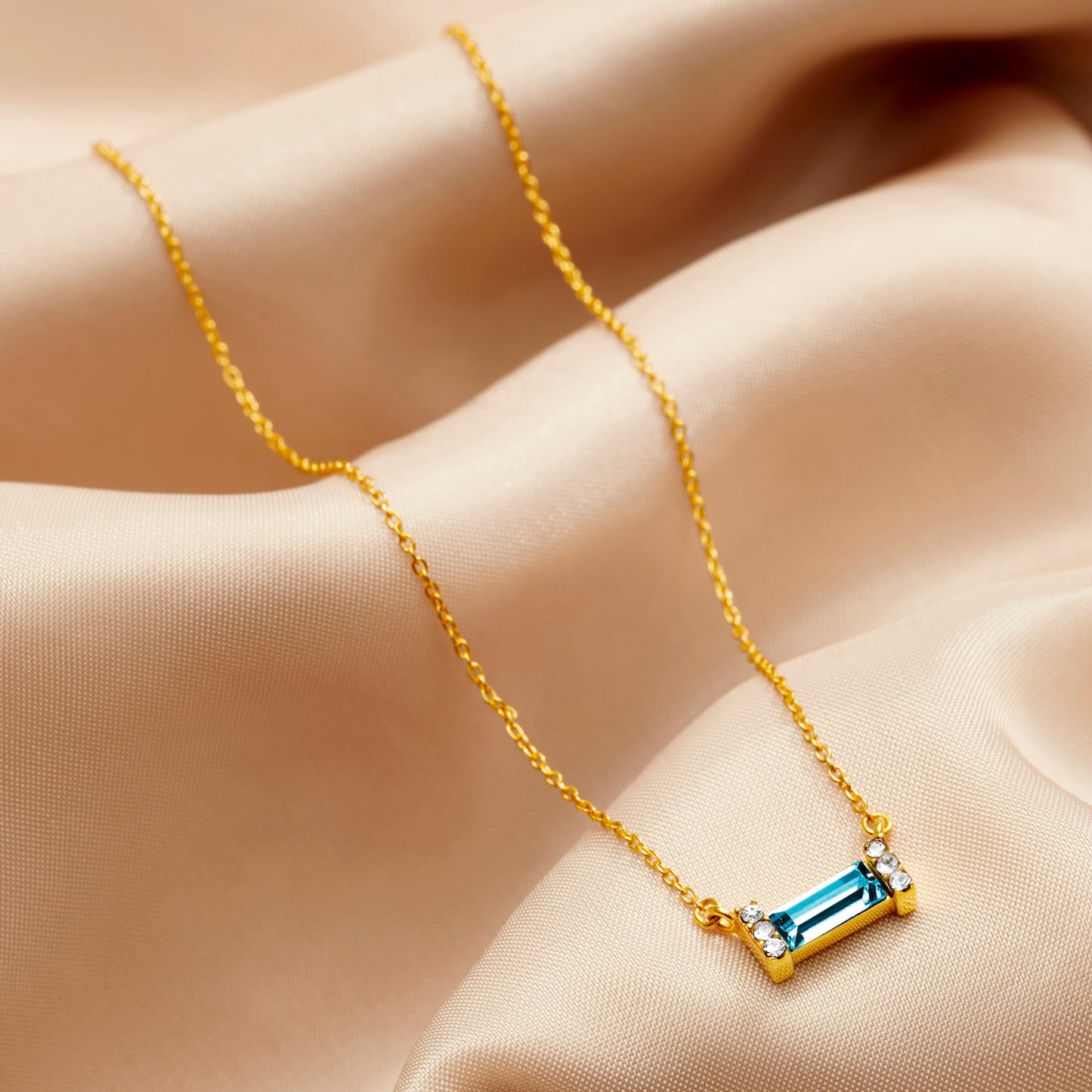 March Aquamarine Birthstone Baguette Necklace in Gold Vermeil