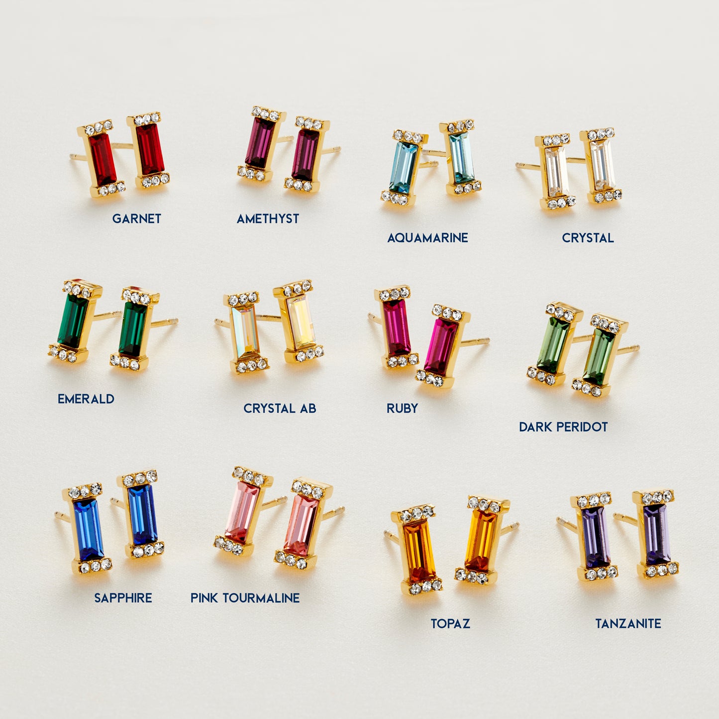 Birthstone Baguette cut earrings in 12 different birthstones to represent each month in gold vermeil by Claudette Worters
