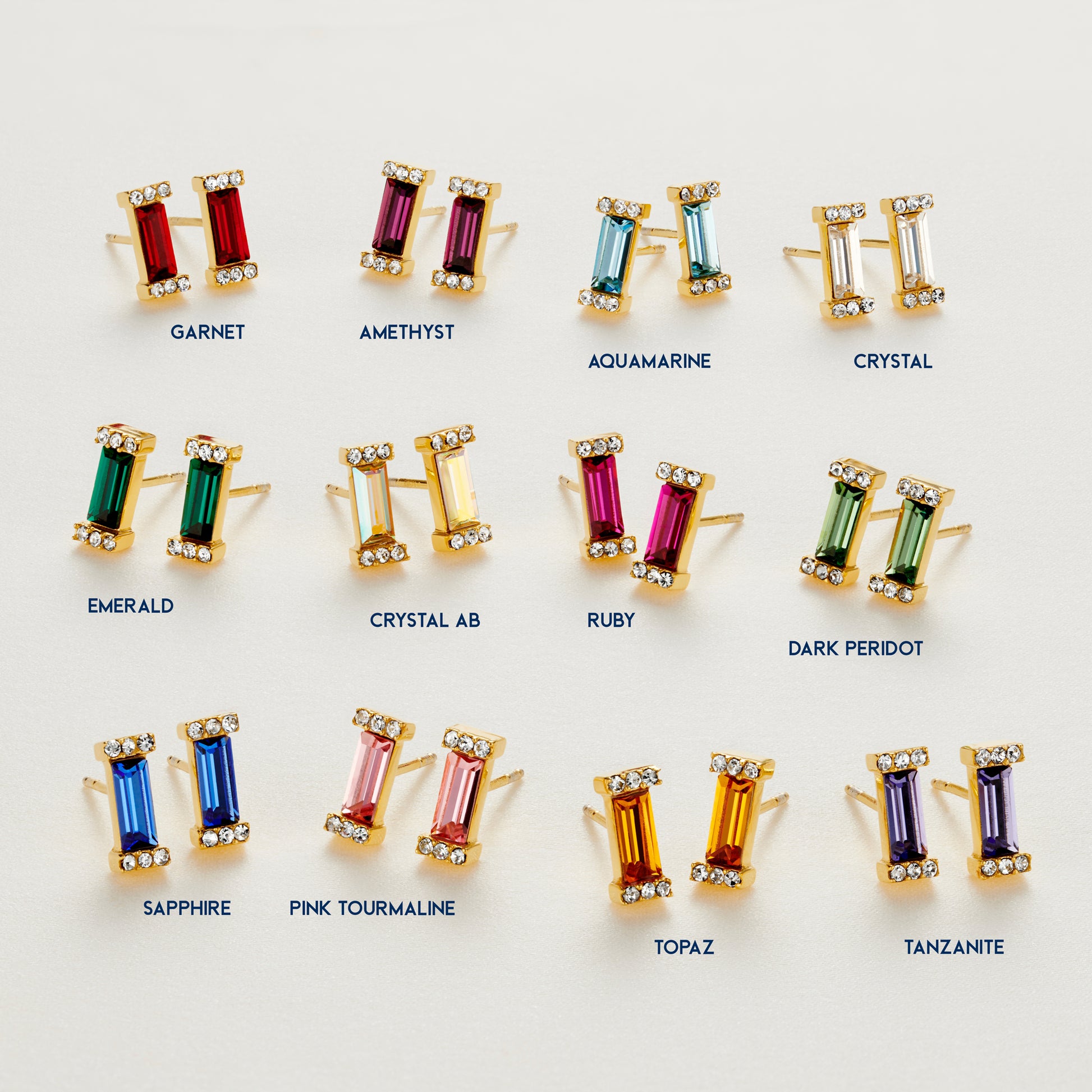 Birthstone Baguette cut earrings in 12 different birthstones to represent each month in gold vermeil by Claudette Worters