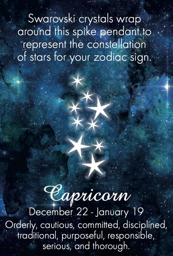 Swarovski crystal spike pendant with star design on a celestial background, featuring Capricorn zodiac information.