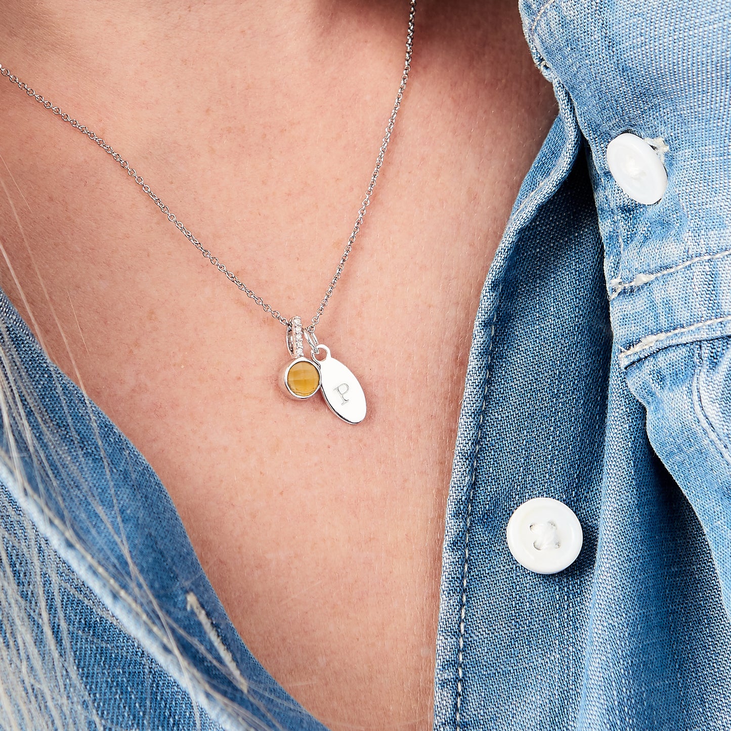 Personalised citrine November birthstone  pendant in sterling silver with tiny diamonds and letter charm
