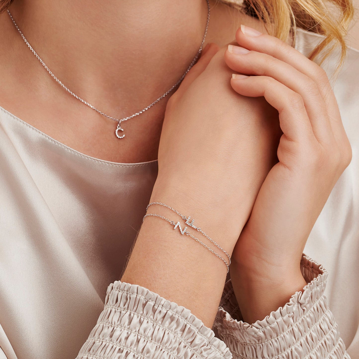 Real Diamond Initial Letter Bracelet in Sterling Silver
