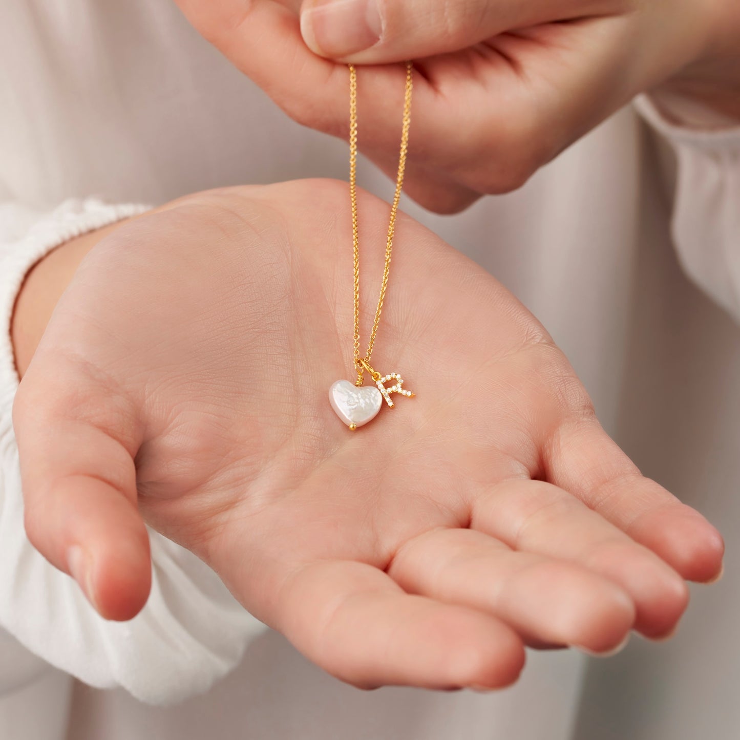 Diamond Letter Necklace with Heart Shaped Freshwater in Gold Vermeil