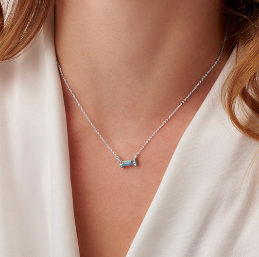 June Crystal Aurora Borealis Birthstone Baguette Necklace in Sterling Silver