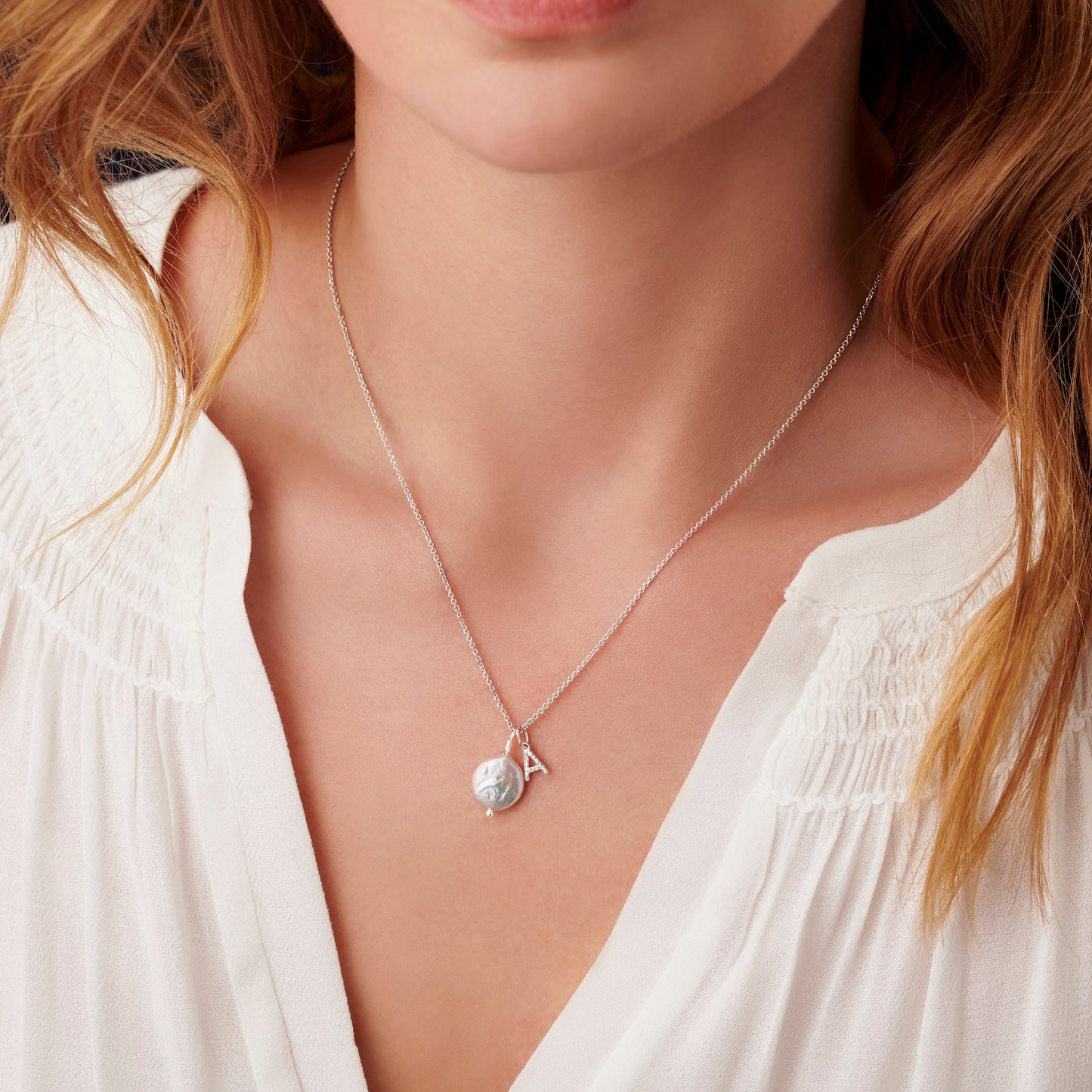 Diamond Initial Pendant with Freshwater Pearl In Silver