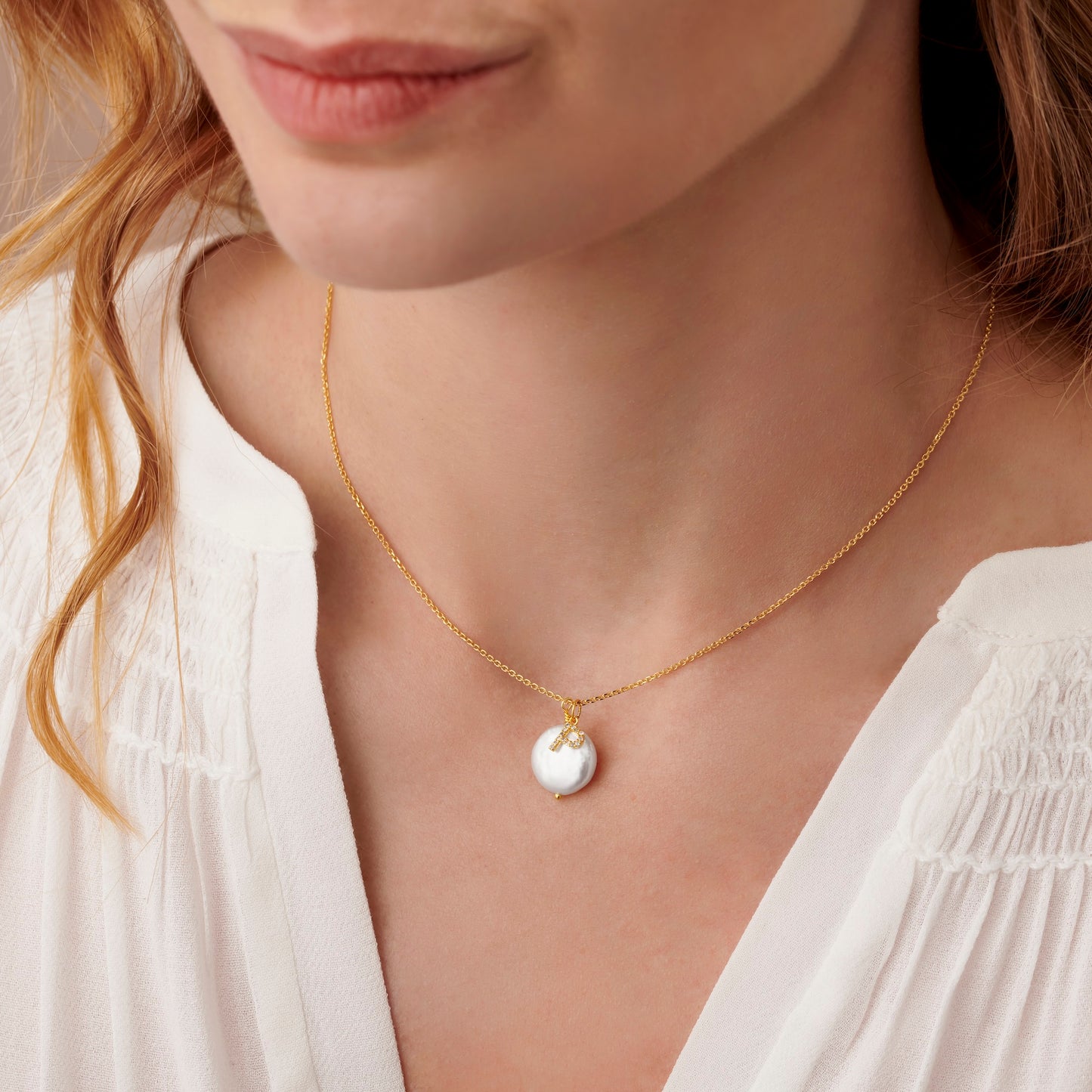 Diamond Initial and Freshwater Pearl Necklace in Gold Vermeil