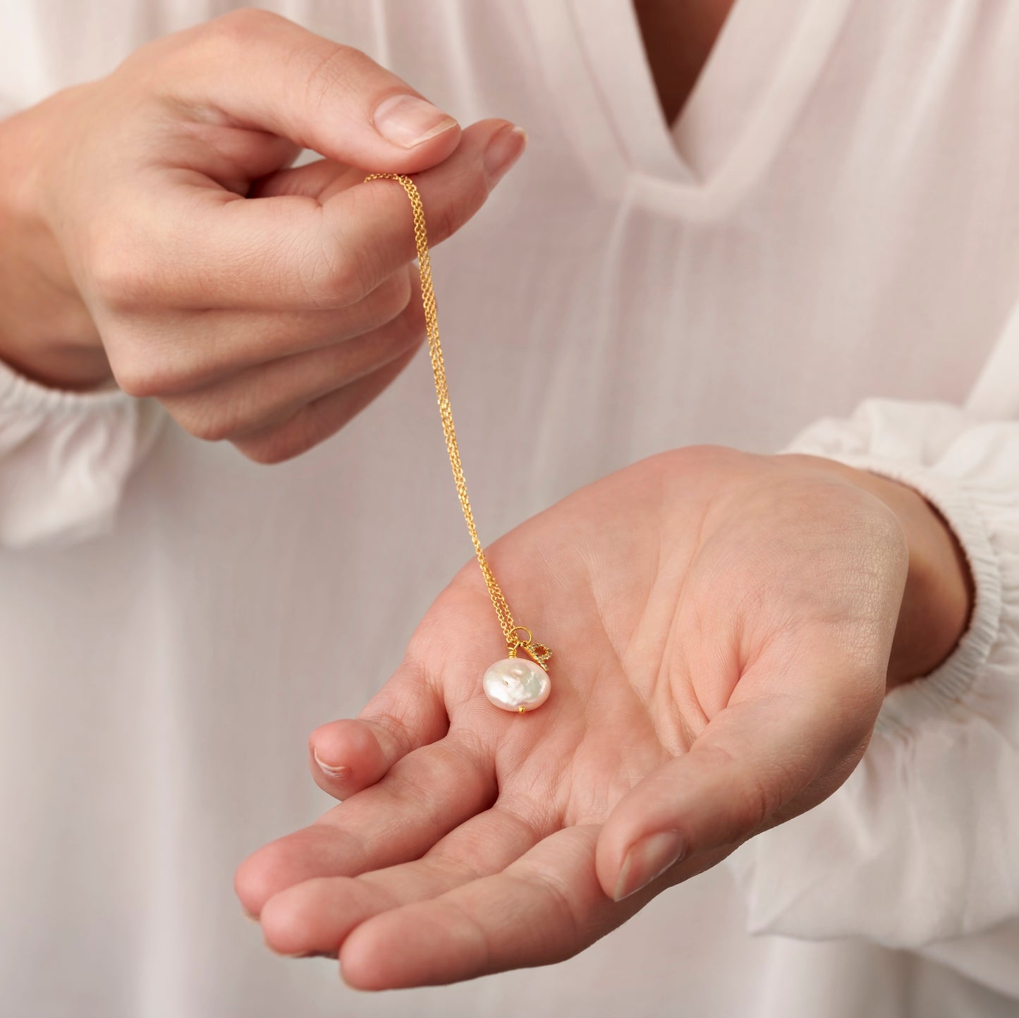 Diamond Initial and Freshwater Pearl Necklace in Gold Vermeil