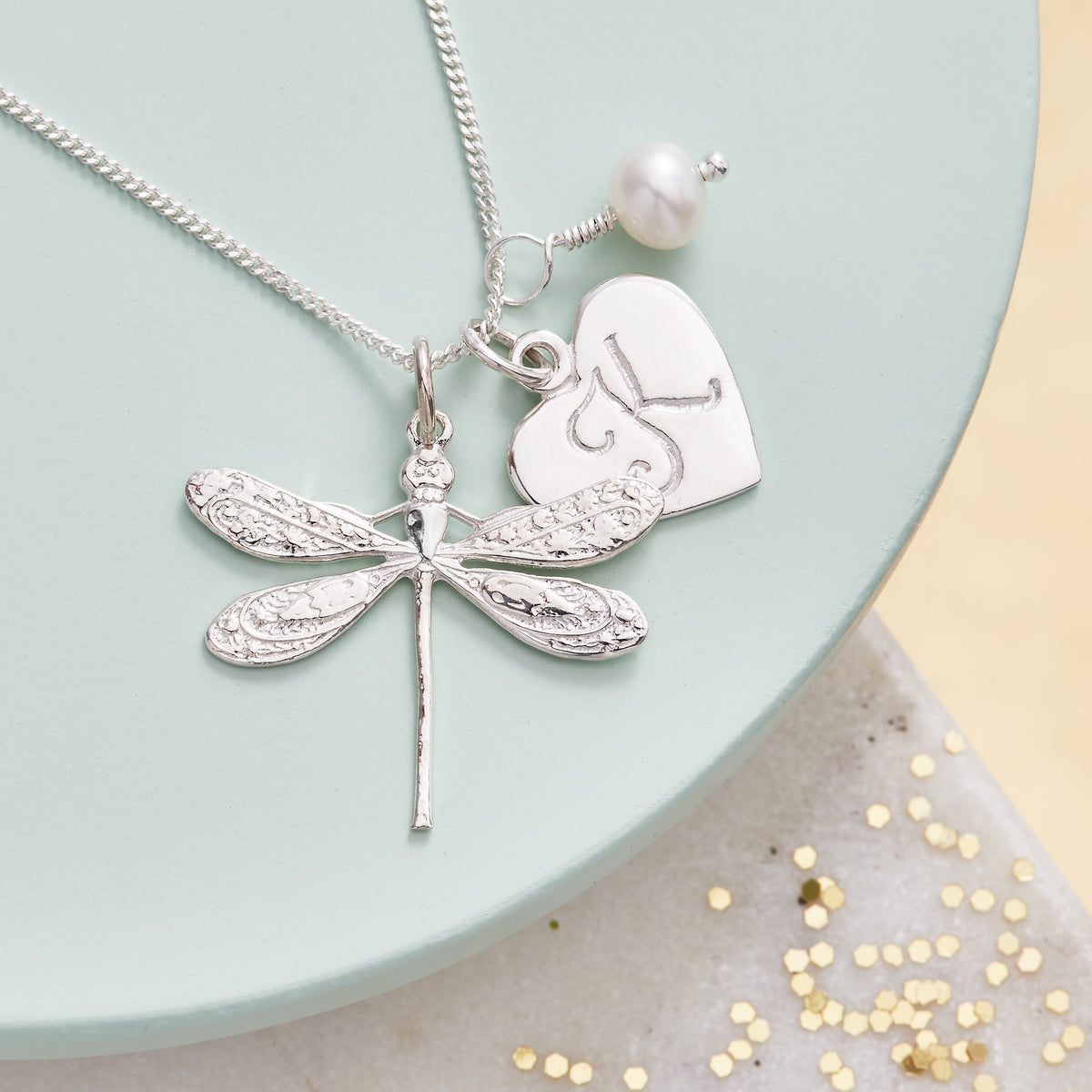 Sterling silver dragonfly necklace with initial charm and birthstone