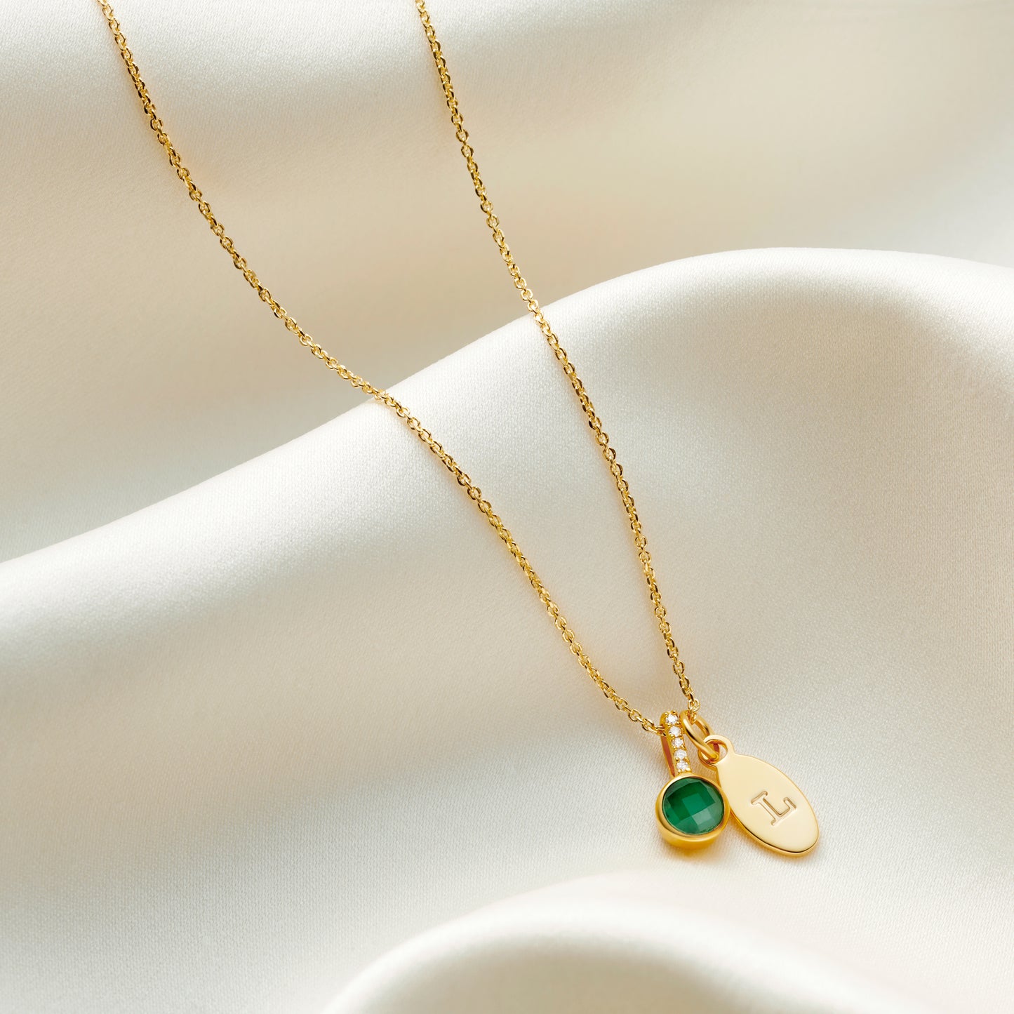 Emerald Birthstone Necklace for May with Diamonds in 18 Carat Gold Vermeil