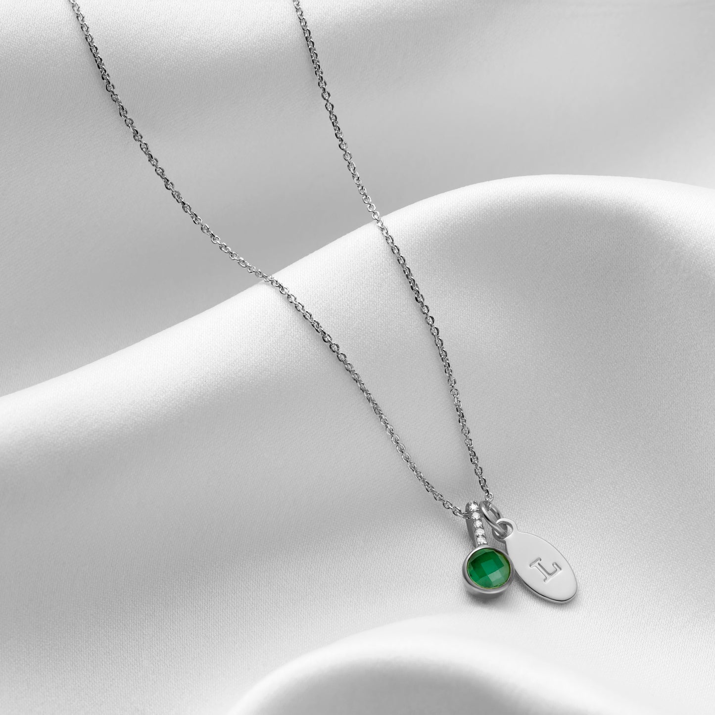 Emerald Birthstone Necklace with Diamonds in Sterling Silver - May Birthstone Necklace