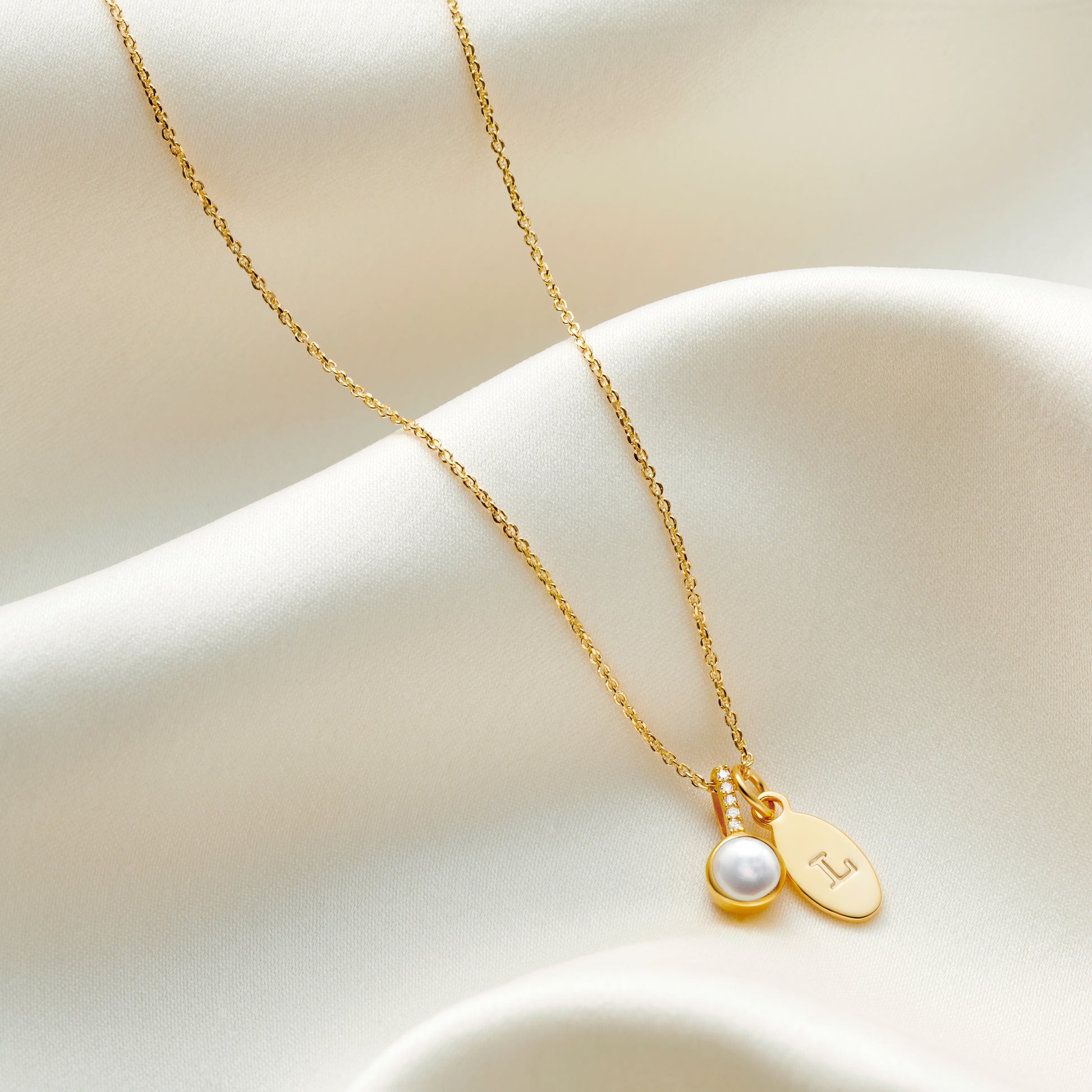 Pearl Birthstone Necklace for June with Diamonds in 18 Carat Gold Vermeil