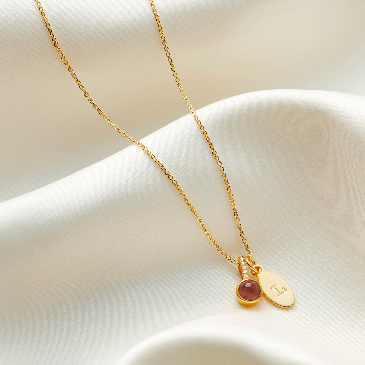 Garnet Birthstone Necklace for January with Diamonds in 18 Carat Gold Vermeil