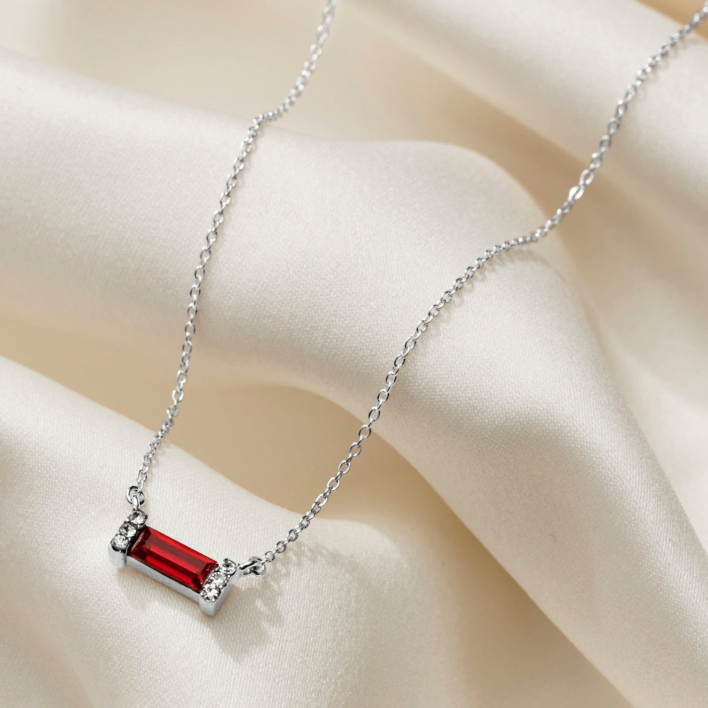 January Garnet Birthstone Baguette Necklace in Sterling Silver