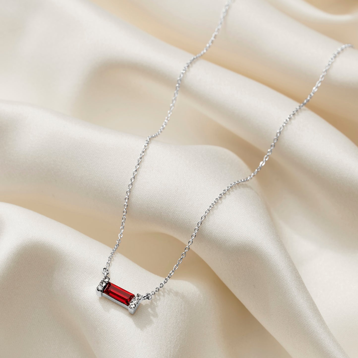 January Garnet Birthstone Baguette Necklace in Sterling Silver