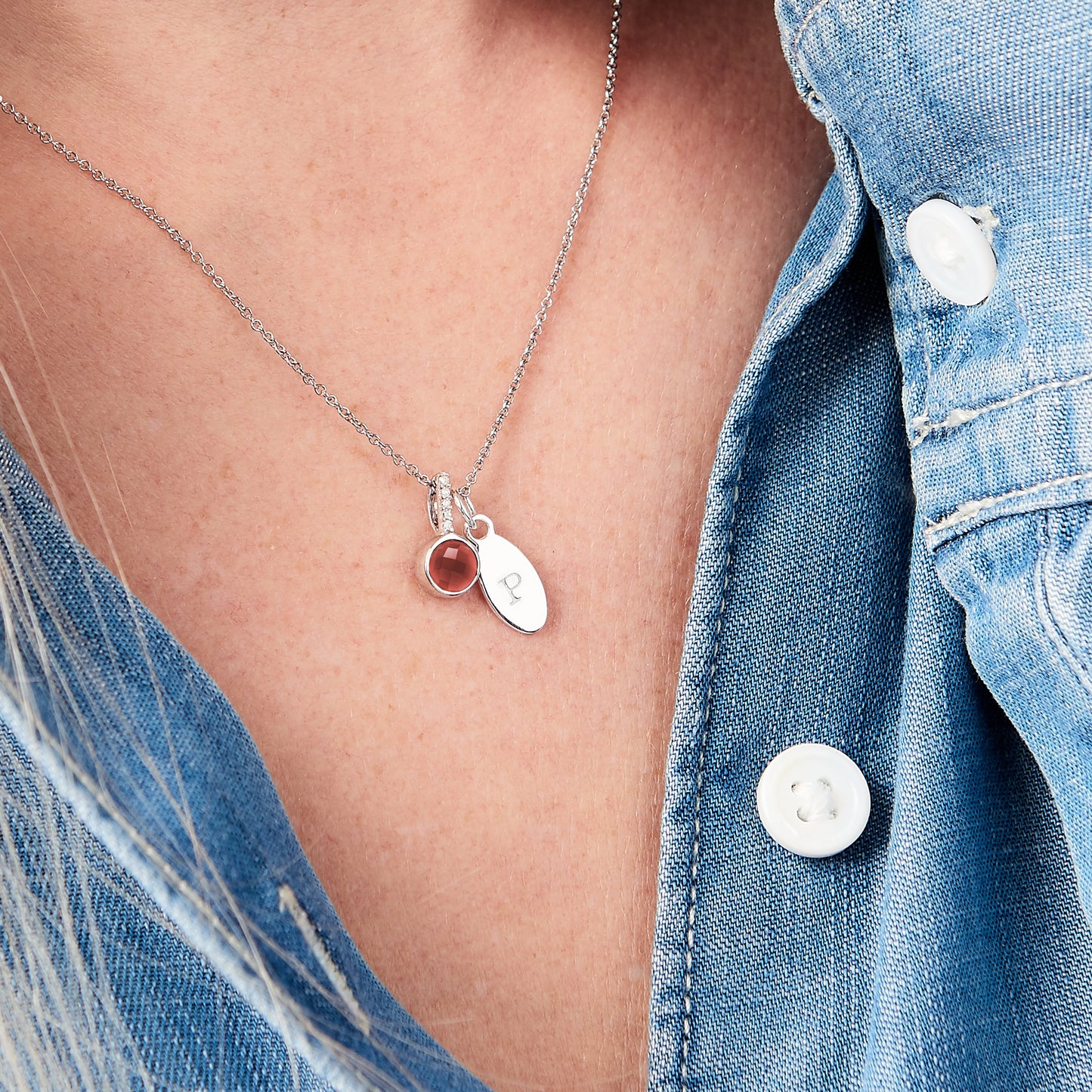 Garnet Birthstone Necklace for January with Diamonds in Sterling Silver