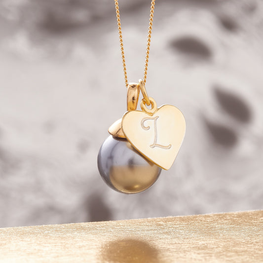 Personalised grey pearl pendant in gold with initial charm