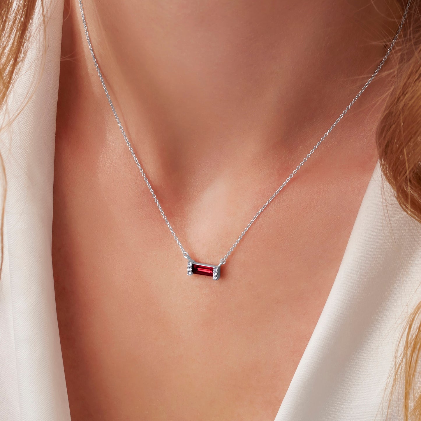 January Garnet Birthstone Baguette Necklace in Sterling Silver