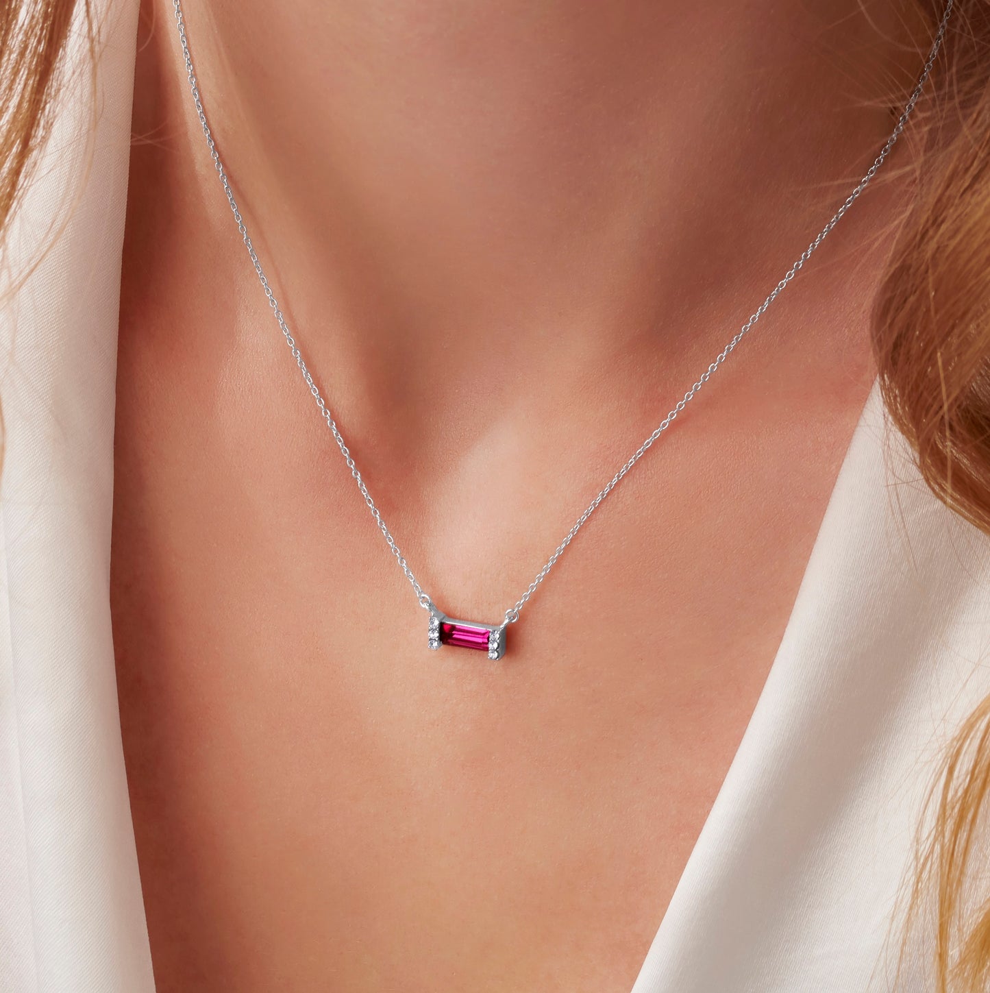 July Ruby Birthstone Baguette Necklace in Sterling Silver