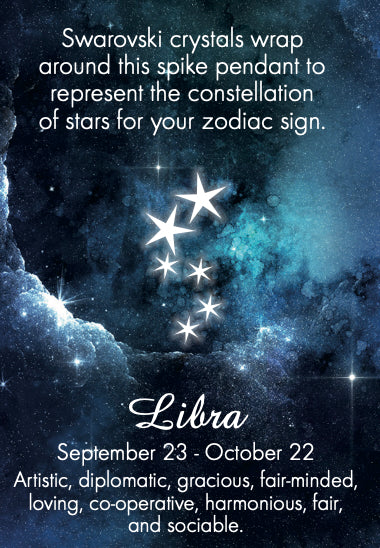 Insert card showing the placements of the crystals depicting the constellation of Libra with the Libra birth dates and characteristics of Librans, all show against a night sky