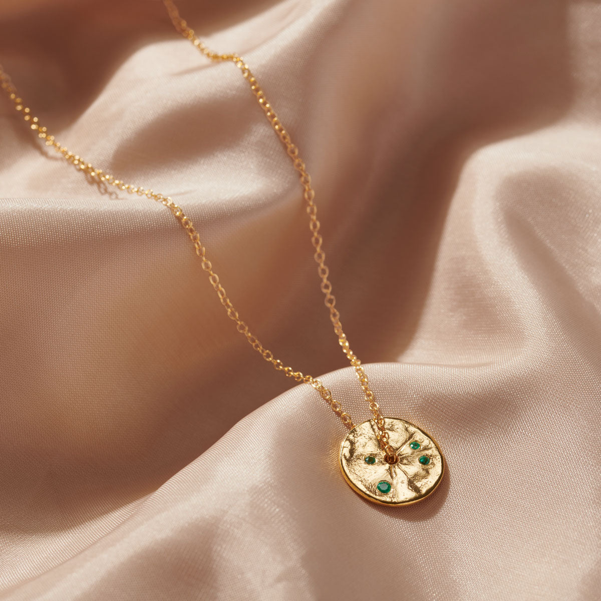 May Emerald Birthstone Spinner Pendant Necklace in 18 Carat Gold Vermeil