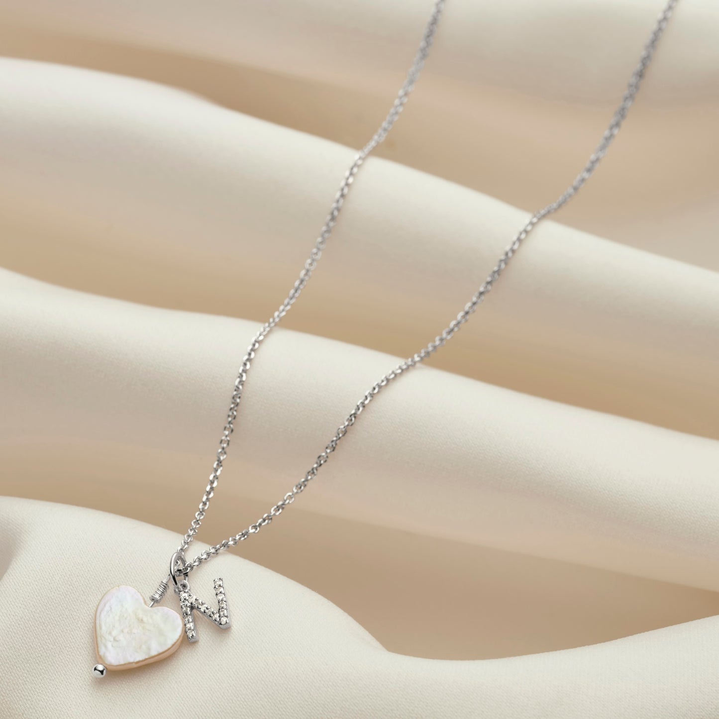 Freshwater Pearl Heart Necklace with Diamond Initial Charm In Silver