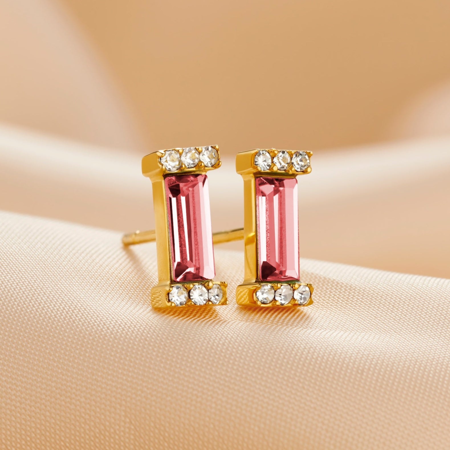 Pink Tourmaline baguette cut studs in gold