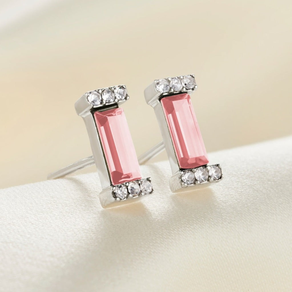 Sterling silver stud earrings with silver posts, little pavé crystal settings and faceted pink toumaline coloured baguette shaped crystals