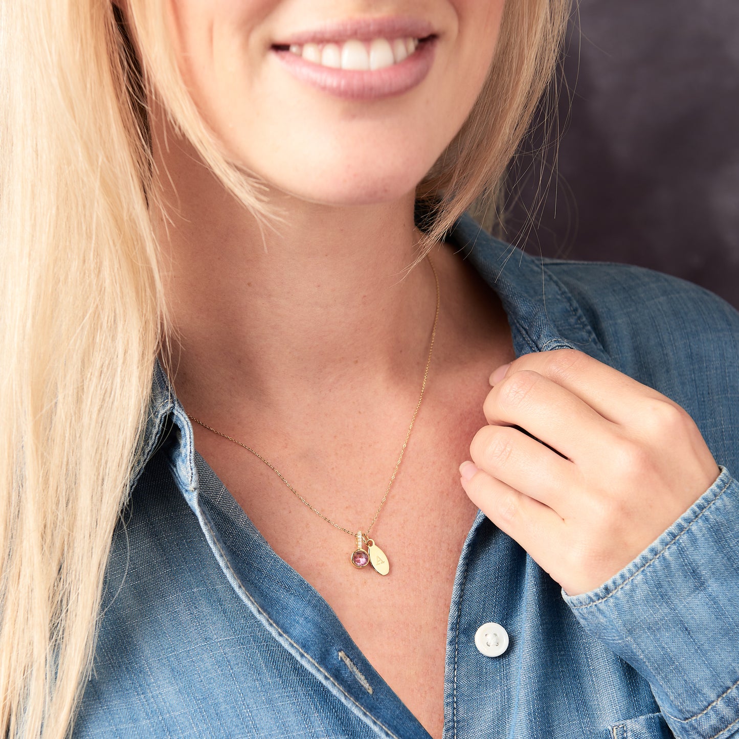 Pink Tourmaline Birthstone Necklace for October with Diamonds in 18 Carat Gold Vermeil