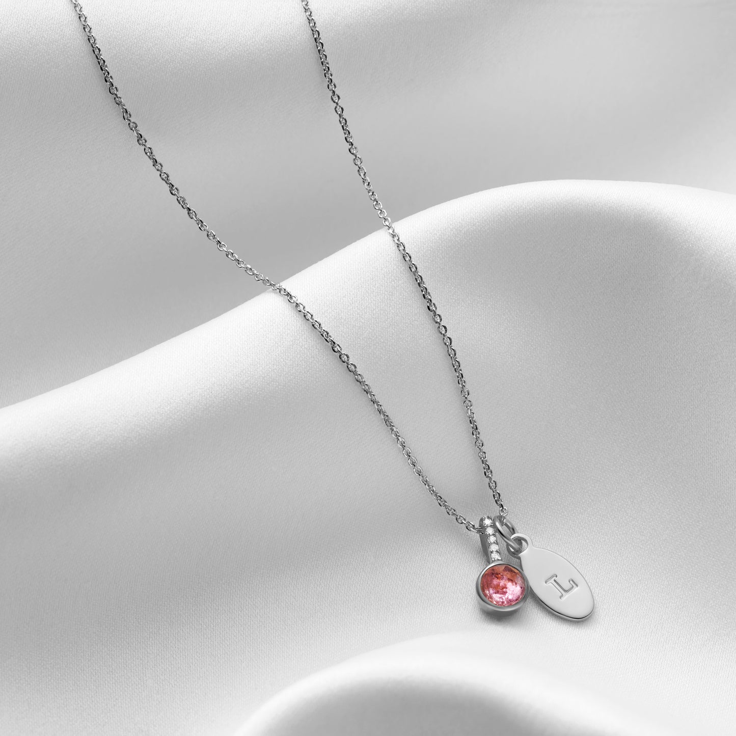 Pink Tourmaline Birthstone Necklace for October with Diamonds in Sterling Silver