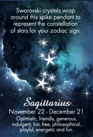 Sagittarius zodiac sign description with star design on a cosmic background with the dates for the zodiac sign and the personality traits of those born under the Sagittarius star sign.