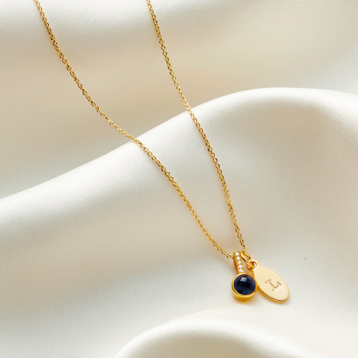 Sapphire Birthstone Necklace for September with Diamonds in 18 Carat Gold Vermeil