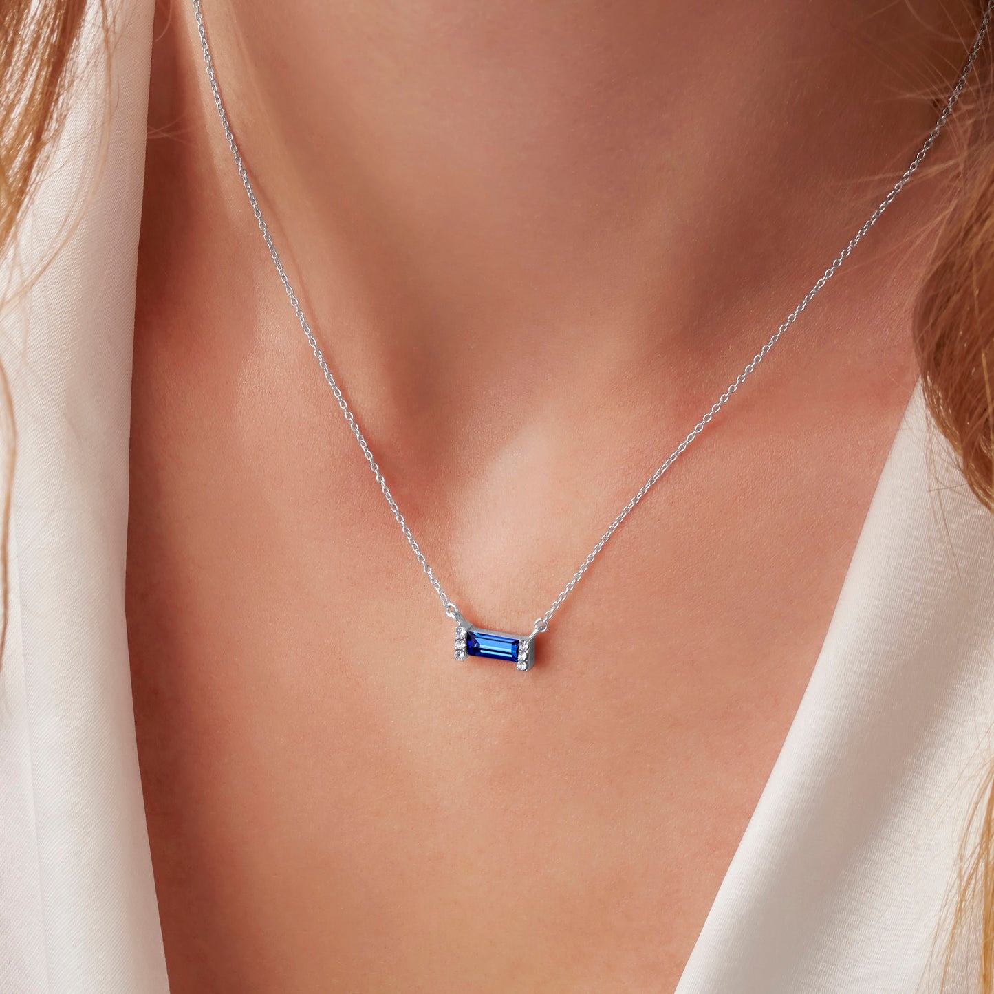 September Sapphire Birthstone Baguette Necklace in Sterling Silver