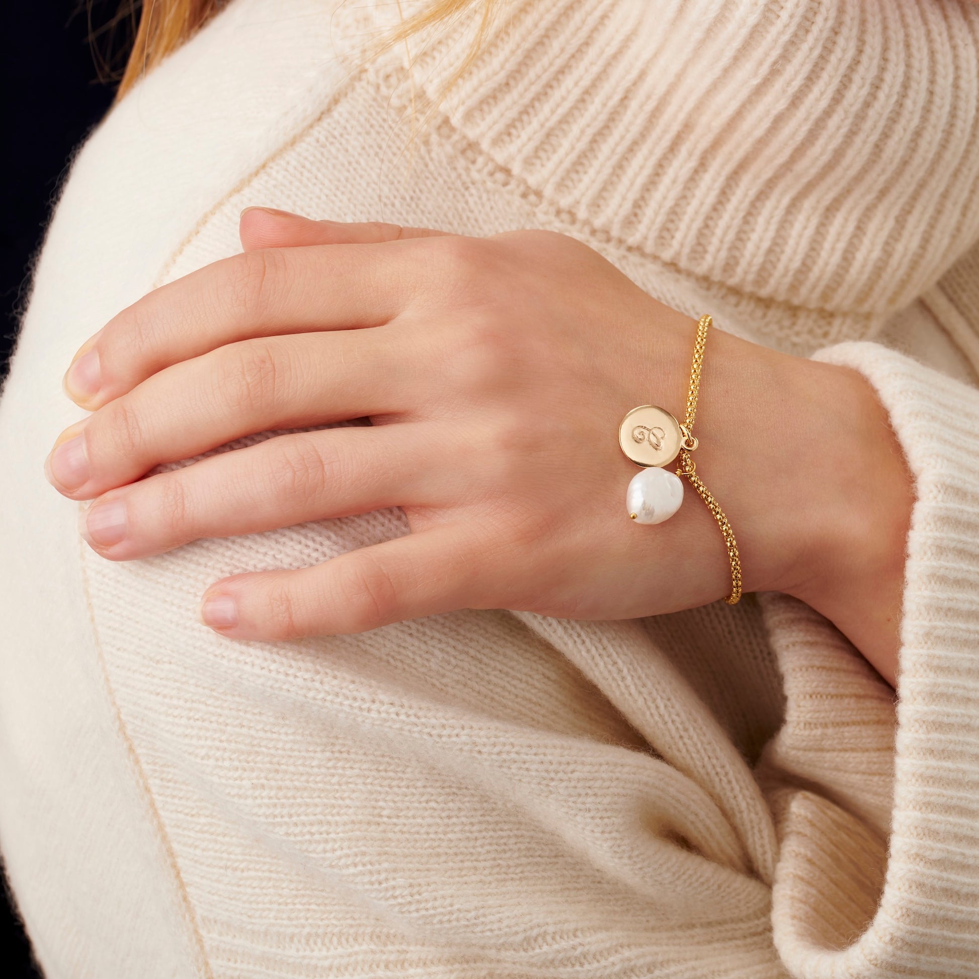 Personalised initial bracelet with freshwater pearl in gold vermeil